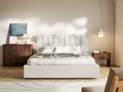 Łóżko tapicerowane 160x200 cm Togents z pojemnikiem stelaż metalowy jasnobeżowe szenil hydrofobowy