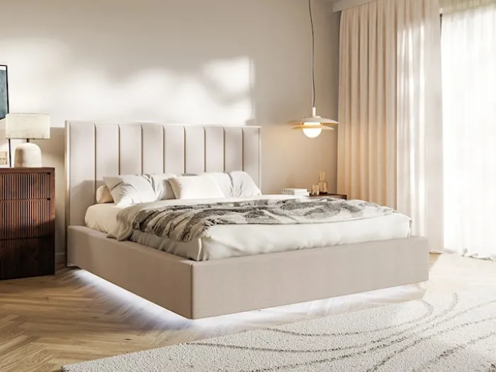 Łóżko tapicerowane 180x200 cm Togents z pojemnikiem i oświetleniem LED stelaż metalowy beżowe szenil hydrofobowy