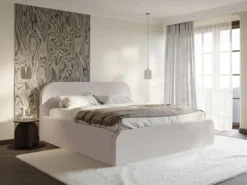 Łóżko tapicerowane 160x200 cm Umike z pojemnikiem szarobeżowe welur hydrofobowy