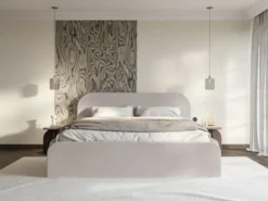 Łóżko tapicerowane 200x200 cm Umike z pojemnikiem szarobeżowe welur hydrofobowy