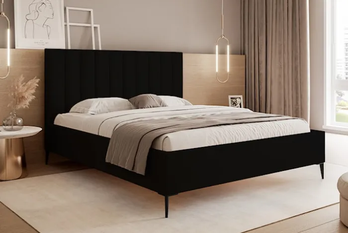 Łóżko tapicerowane 160x200 cm Veloro z pojemnikiem czarne welur stelaż metalowy na wysokich nóżkach