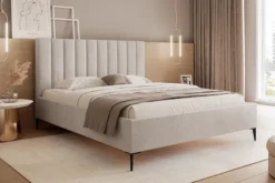Łóżko tapicerowane 160x200 cm Veloro z pojemnikiem beżowe welur stelaż metalowy na wysokich nóżkach