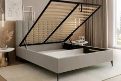 Łóżko tapicerowane 160x200 cm Veloro z pojemnikiem ciemnobeżowe welur stelaż metalowy na wysokich nóżkach