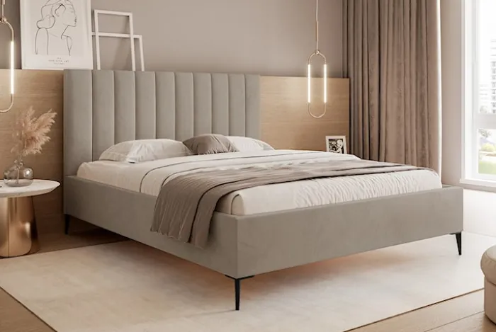 Łóżko tapicerowane 160x200 cm Veloro z pojemnikiem ciemnobeżowe welur stelaż metalowy na wysokich nóżkach