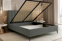 Łóżko tapicerowane 160x200 cm Veloro z pojemnikiem ciemnoszare welur stelaż metalowy na wysokich nóżkach