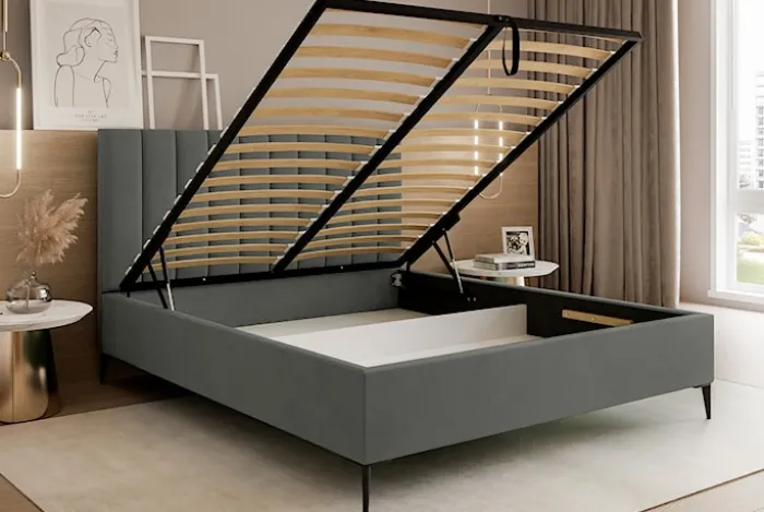Łóżko tapicerowane 160x200 cm Veloro z pojemnikiem ciemnoszare welur stelaż metalowy na wysokich nóżkach