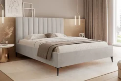 Łóżko tapicerowane 160x200 cm Veloro z pojemnikiem szarobeżowe welur stelaż metalowy na wysokich nóżkach