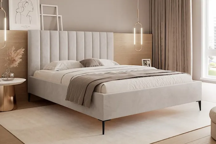 Łóżko tapicerowane 180x200 cm Veloro z pojemnikiem beżowe welur stelaż metalowy na wysokich nóżkach
