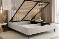 Łóżko tapicerowane 180x200 cm Veloro z pojemnikiem beżowe welur stelaż metalowy na wysokich nóżkach