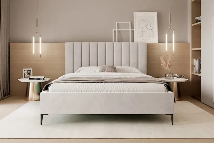 Łóżko tapicerowane 180x200 cm Veloro z pojemnikiem beżowe welur stelaż metalowy na wysokich nóżkach