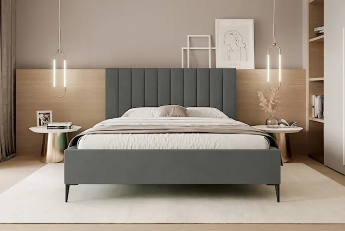Łóżko tapicerowane 180x200 cm Veloro z pojemnikiem ciemnoszare welur stelaż metalowy na wysokich nóżkach