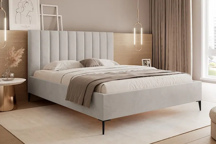 Łóżko tapicerowane 180x200 cm Veloro z pojemnikiem szarobeżowe welur stelaż metalowy na wysokich nóżkach
