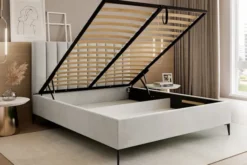 Łóżko tapicerowane 180x200 cm Veloro z pojemnikiem szarobeżowe welur stelaż metalowy na wysokich nóżkach