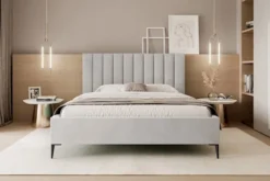 Łóżko tapicerowane 180x200 cm Veloro z pojemnikiem szarobeżowe welur stelaż metalowy na wysokich nóżkach