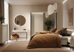 Łóżko Trend 160x200 cm ryflowane z pojemnikiem i oświetleniem beż piaskowy / czarny