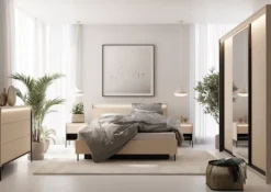 Łóżko Trend 160x200 cm ryflowane z pojemnikiem i oświetleniem beż piaskowy / czarny
