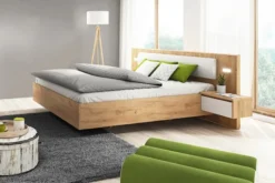 Łóżko ze stelażem Grejs 160x200 cm ze stolikami nocnymi i oświetleniem dąb craft złoty / białe