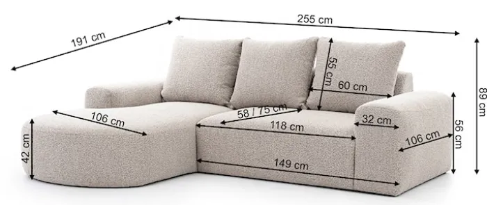 Narożnik modułowy Castellina L-kształtny 255 cm mniejszy ciemnobeżowy w tkaninie boucle prawostronny