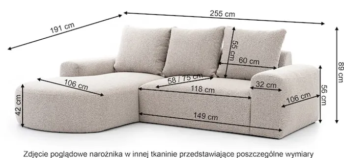 Narożnik modułowy Castellina L-kształtny 255 cm mniejszy beżowy w tkaninie boucle prawostronny