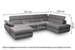 Narożnik z funkcją spania Ararip 341 cm U-kształtny z regulowanymi zagłówkami i pojemnikiem jasnobeżowy welur hydrofobowy prawostronny