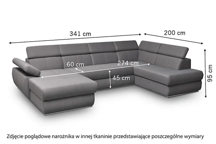 Narożnik z funkcją spania Ararip 341 cm U-kształtny z regulowanymi zagłówkami i pojemnikiem turkusowy welur hydrofobowy lewostronny