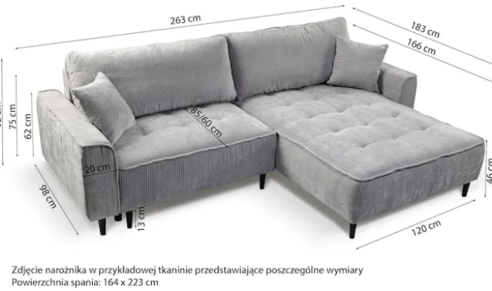 Narożnik z funkcją spania Blues L-kształtny prawostronny z pojemnikiem szałwiowy sztruks