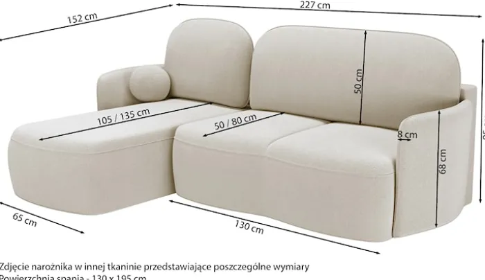 Narożnik z funkcją spania Blummi L-kształtny uniwersalny z pojemnikiem kremowy szenil hydrofobowy