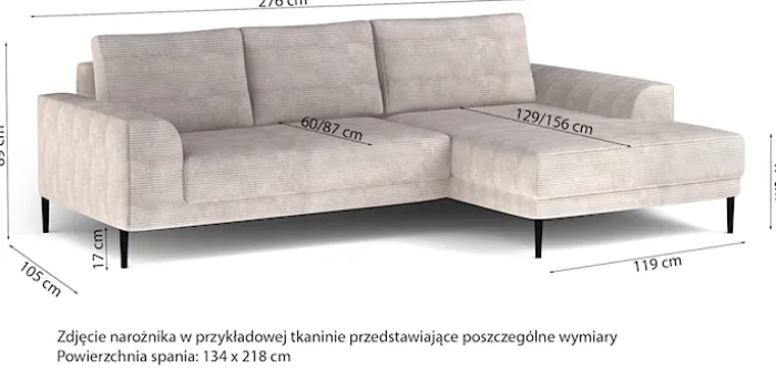 Narożnik z funkcją spania Capitol L-kształtny z pojemnikiem beżowy sztruks prawostronny