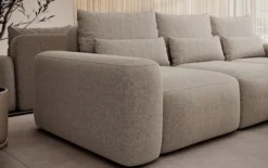 Narożnik z funkcją spania Carnos L-kształtny z dodatkowymi poduszkami lędźwiowymi jasnobrązowy szenil hydrofobowy prawostronny