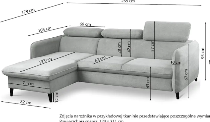 Narożnik z funkcją spania Drene L-kształtny prawostronny z regulowanymi zagłówkami i pojemnikiem biały szenil hydrofobowy