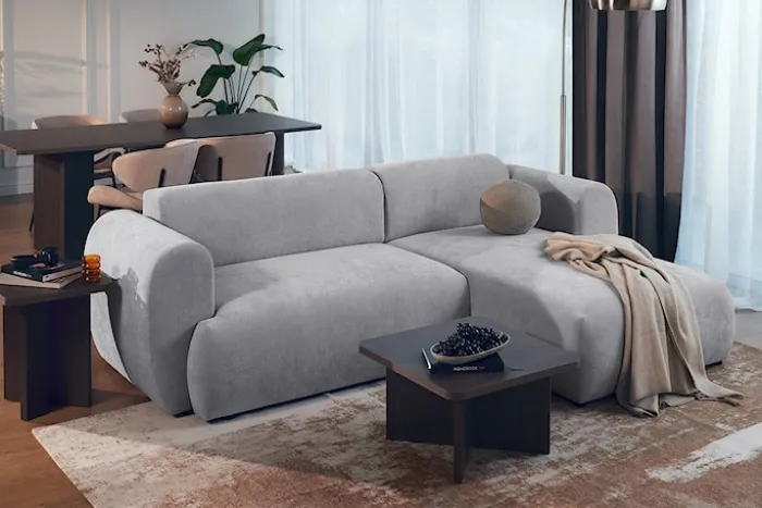 Narożnik z funkcją spania Emia L-kształtny prawostronny szary szenil