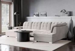 Narożnik z funkcją spania Jamaal U-kształtny lewostronny z pojemnikiem jasnoszary welur hydrofobowy