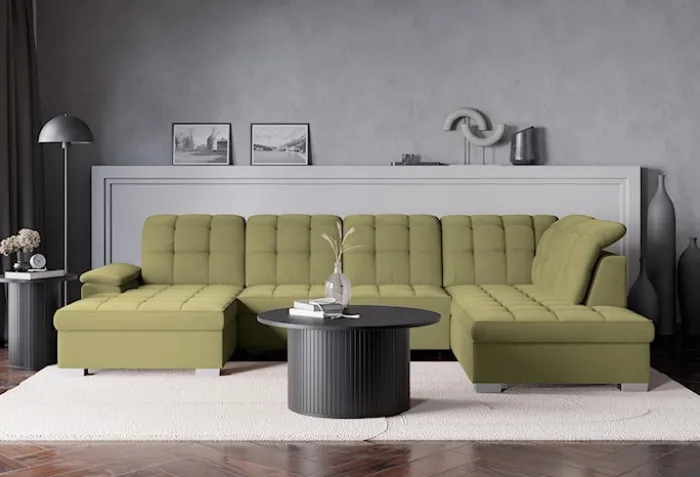 Narożnik z funkcją spania Jamaal U-kształtny lewostronny z pojemnikiem oliwkowy welur hydrofobowy