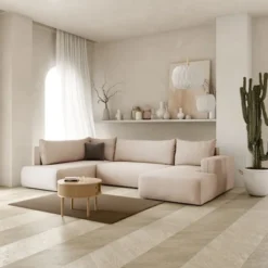 Narożnik z funkcją spania Lummi U-kształtny z pojemnikiem jasnobeżowy szenil hydrofobowy prawostronny