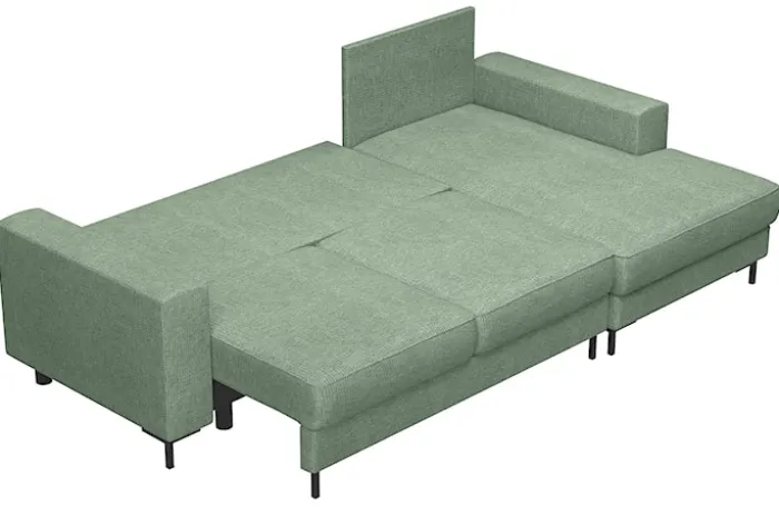 Narożnik z funkcją spania Mokpeo L-kształtny z dwoma pojemnikami na czarnych nóżkach szałwiowy szenil prawostronny