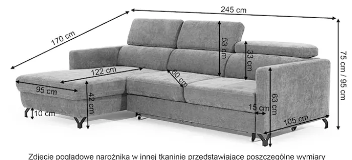 Narożnik z funkcją spania Monarda L-kształtny z pojemnikiem i regulowanymi zagłówkami szary welur hydrofobowy lewostronny