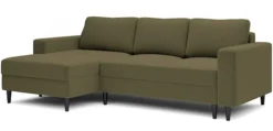 Narożnik z funkcją spania Nalika L-kształtny z pojemnikiem oliwkowy welur hydrofobowy lewostronny
