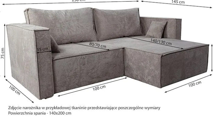 Narożnik z funkcją spania Ontaro L-kształtny uniwersalny z pojemnikiem grafitowy sztruks