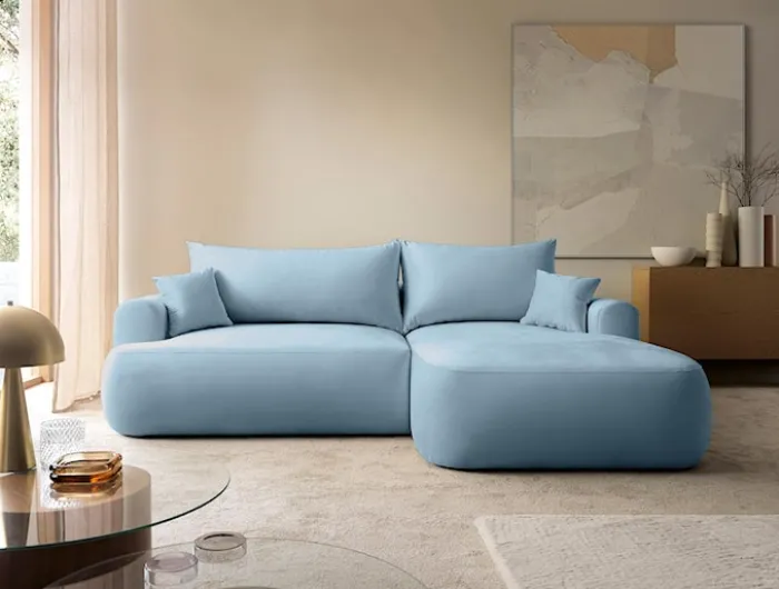 Narożnik z funkcją spania Ovo L-kształtny prawostronny z pojemnikiem błękitny welur hydrofobowy