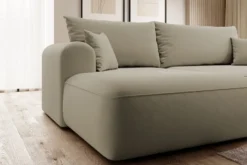 Narożnik z funkcją spania Ovo L-kształtny beżowy welur z pojemnikiem w tkaninie łatwoczyszczącej lewostronny