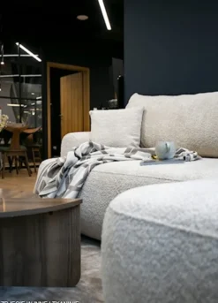 Narożnik z funkcją spania Ovo L-kształtny ciemnobeżowy z pojemnikiem boucle prawostronny