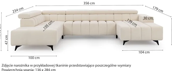 Narożnik z funkcją spania Ragussino U-kształtny z regulowanymi zagłówkami i dwoma pojemnikami jasnobeżowy szenil prawostronny