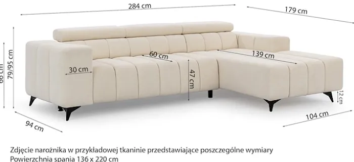 Narożnik z funkcją spania Ragussino L-kształtny z regulowanymi zagłówkami i pojemnikiem jasnobeżowy szenil lewostronny