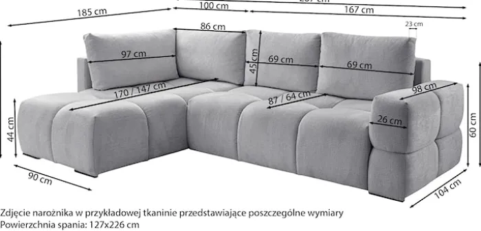 Narożnik z funkcją spania Taremi L-kształtny uniwersalny z pojemnikiem biały szenil hydrofobowy