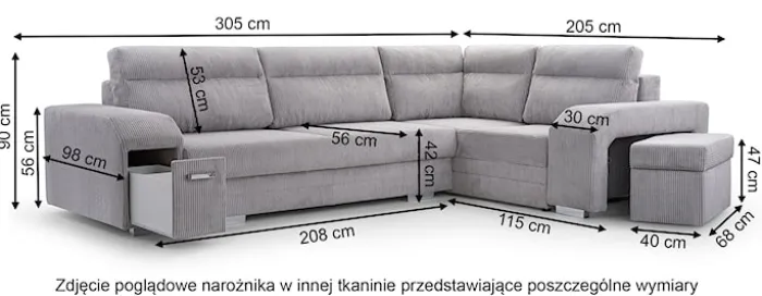 Narożnik z funkcją spania Umill L-kształtny z pojemnikami z barkiem i pufą kremowy welur hydrofobowy prawostronny
