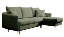 Narożnik z funkcją spania Volio szałwiowy velvet hydrofobowy uniwersalny nogi złote