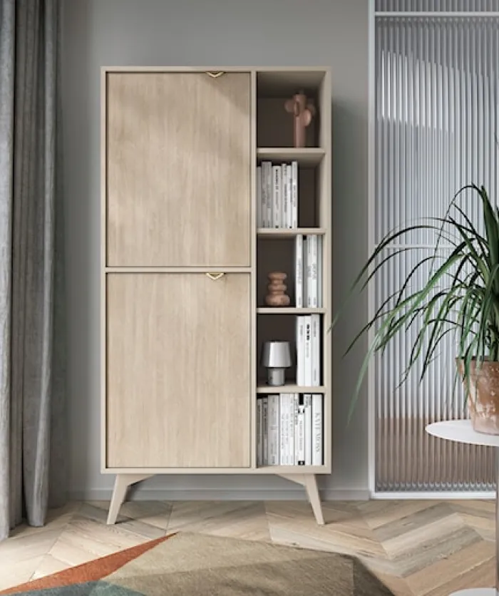 Regał Favoria dwudrzwiowy 80 cm beżowy/jodełka scandi ze złotymi uchwytami