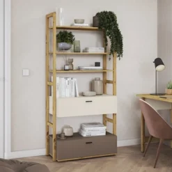 Regał młodzieżowy Lenny z dwiema szufladami 85 cm dąb artisan, beż, truflowy