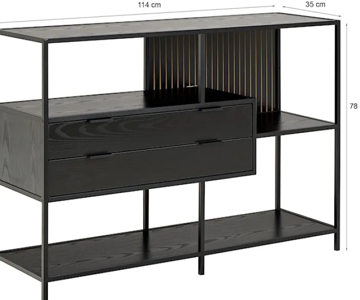 Regał Seaford 114 cm niski czarny z dwiema szufladami