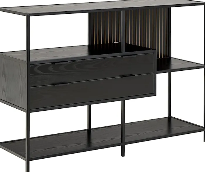 Regał Seaford 114 cm niski czarny z dwiema szufladami